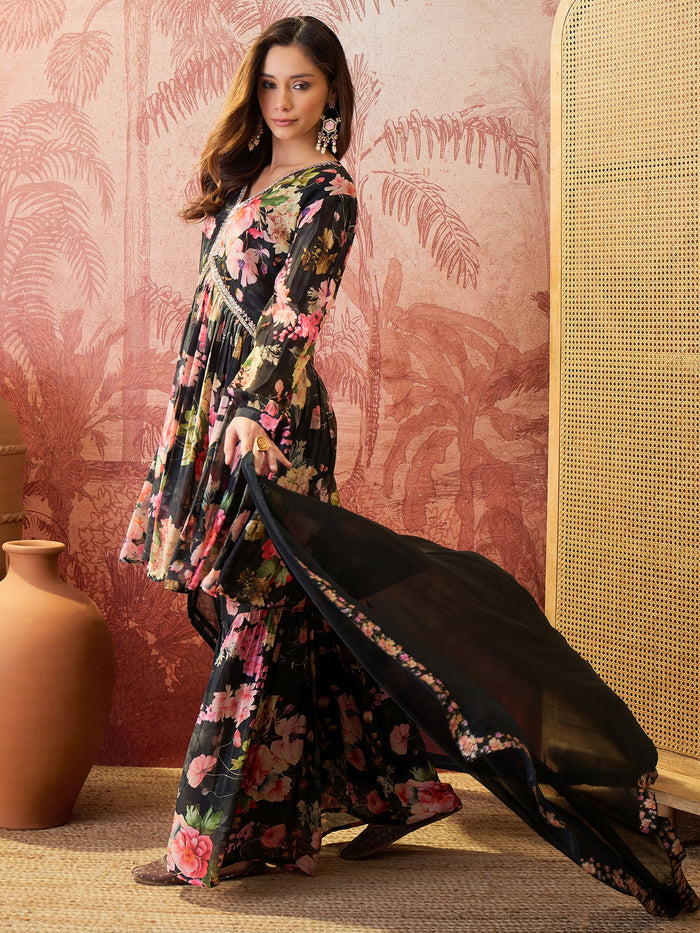 Black Floral Crepe Sharara Set