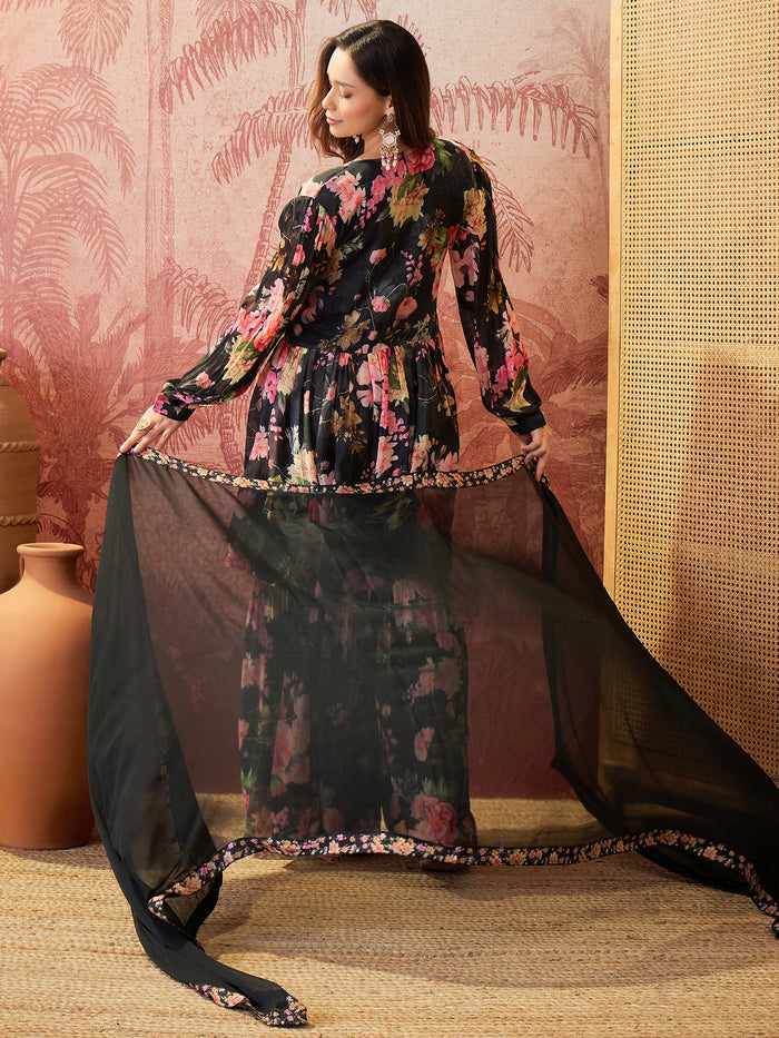 Black Floral Crepe Sharara Set