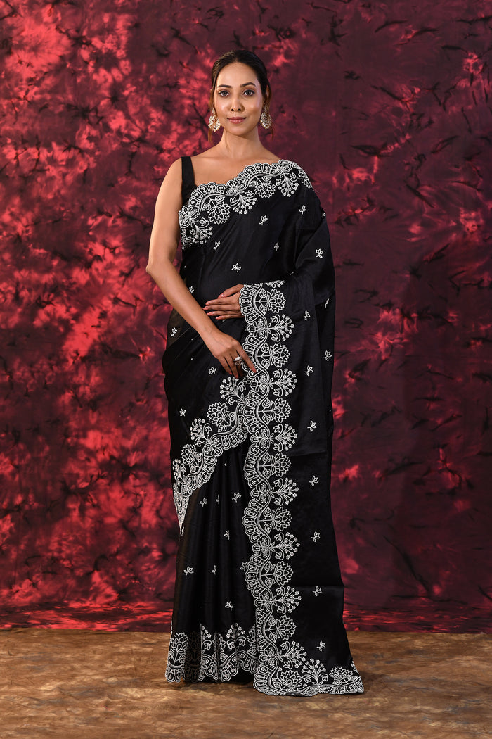 Black Floral Embroidered Silk Blend Saree