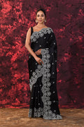 Black Floral Embroidered Silk Blend Saree