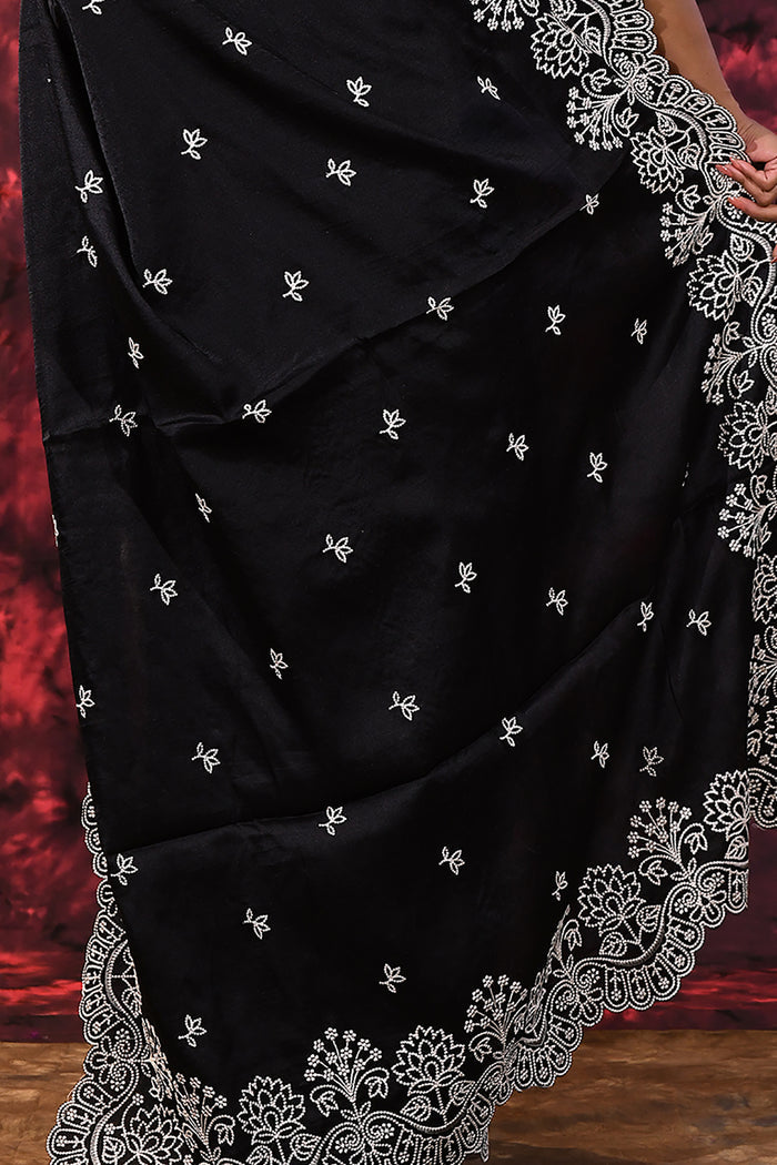 Black Floral Embroidered Silk Blend Saree