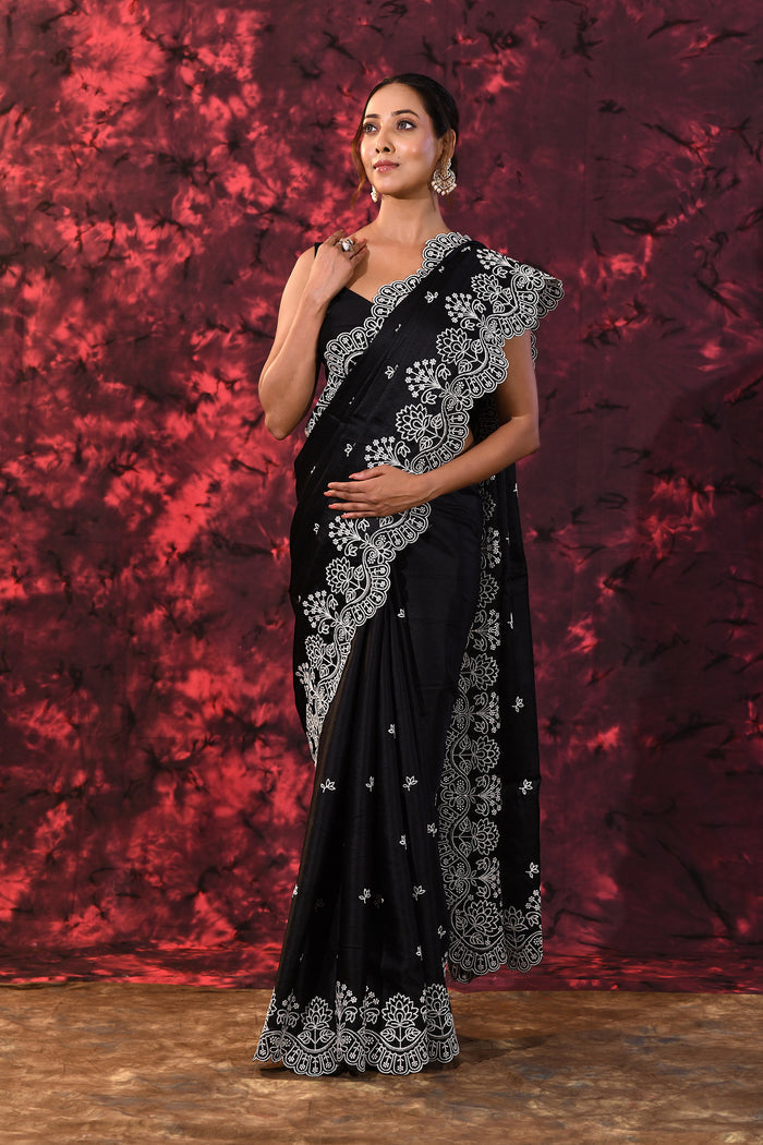 Black Floral Embroidered Silk Blend Saree