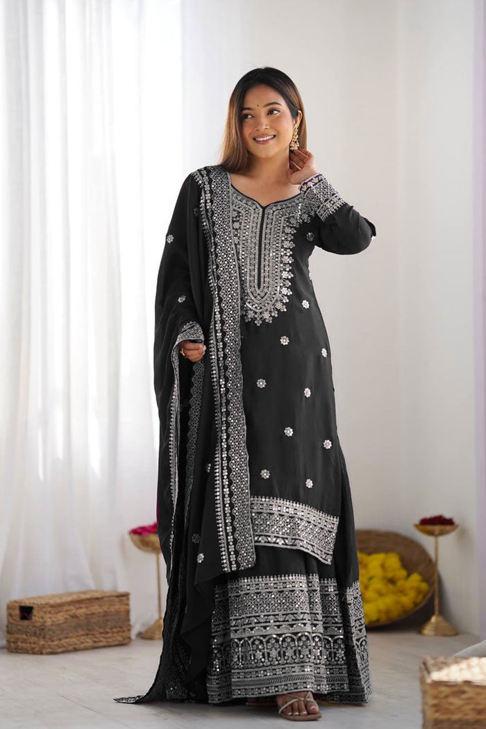 Black Floral Embroidered Silk Sharara Set