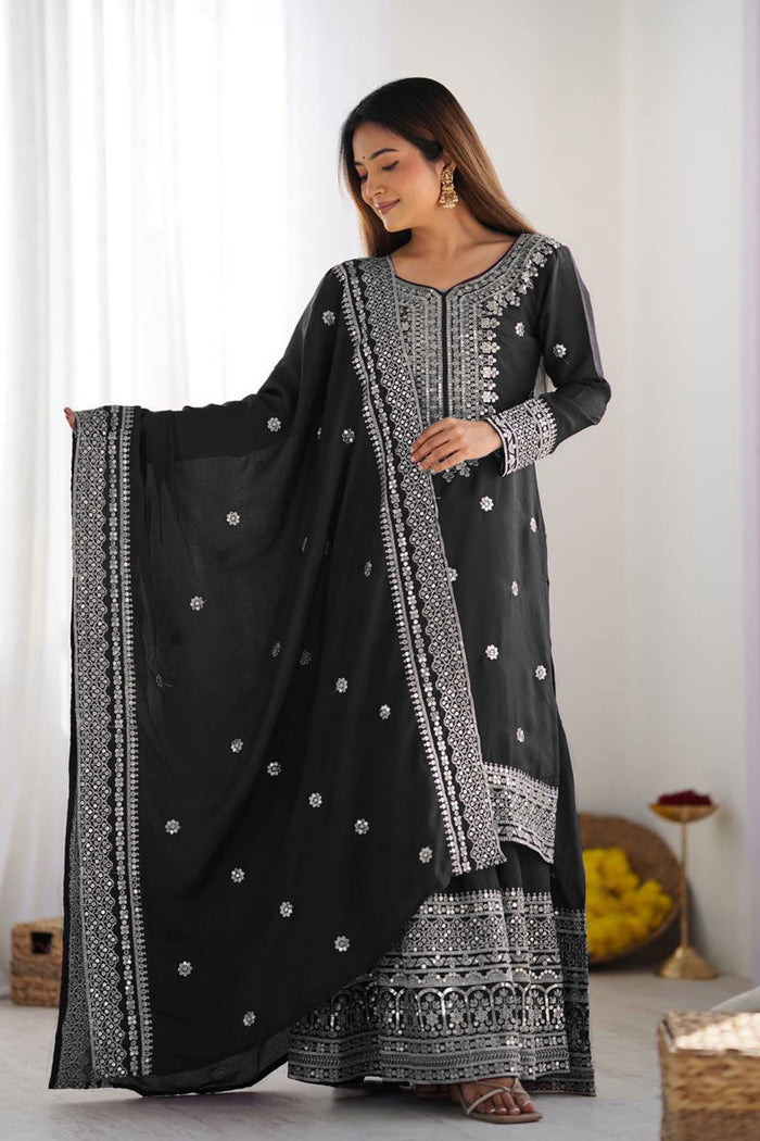 Black Floral Embroidered Silk Sharara Set
