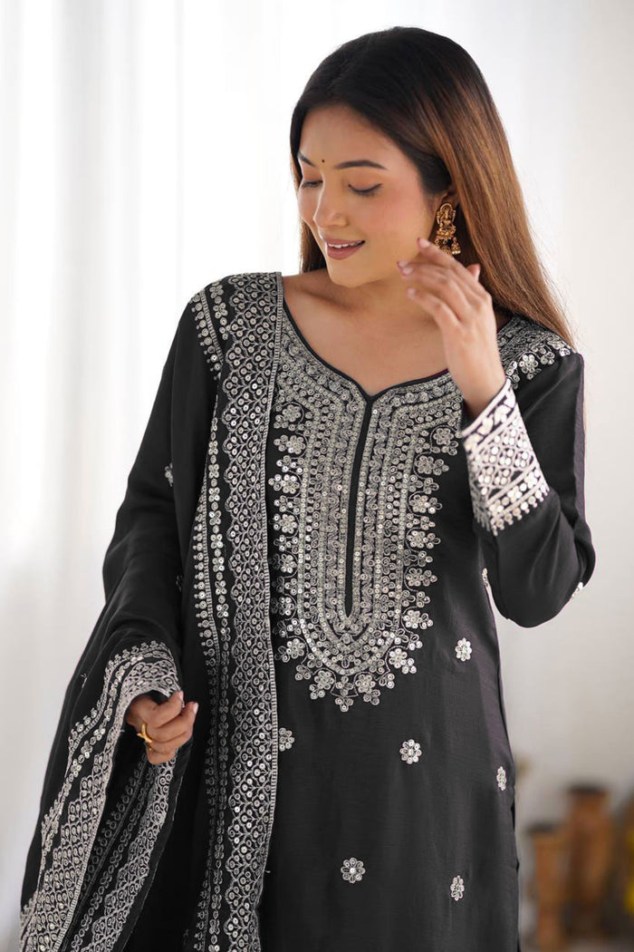 Black Floral Embroidered Silk Sharara Set