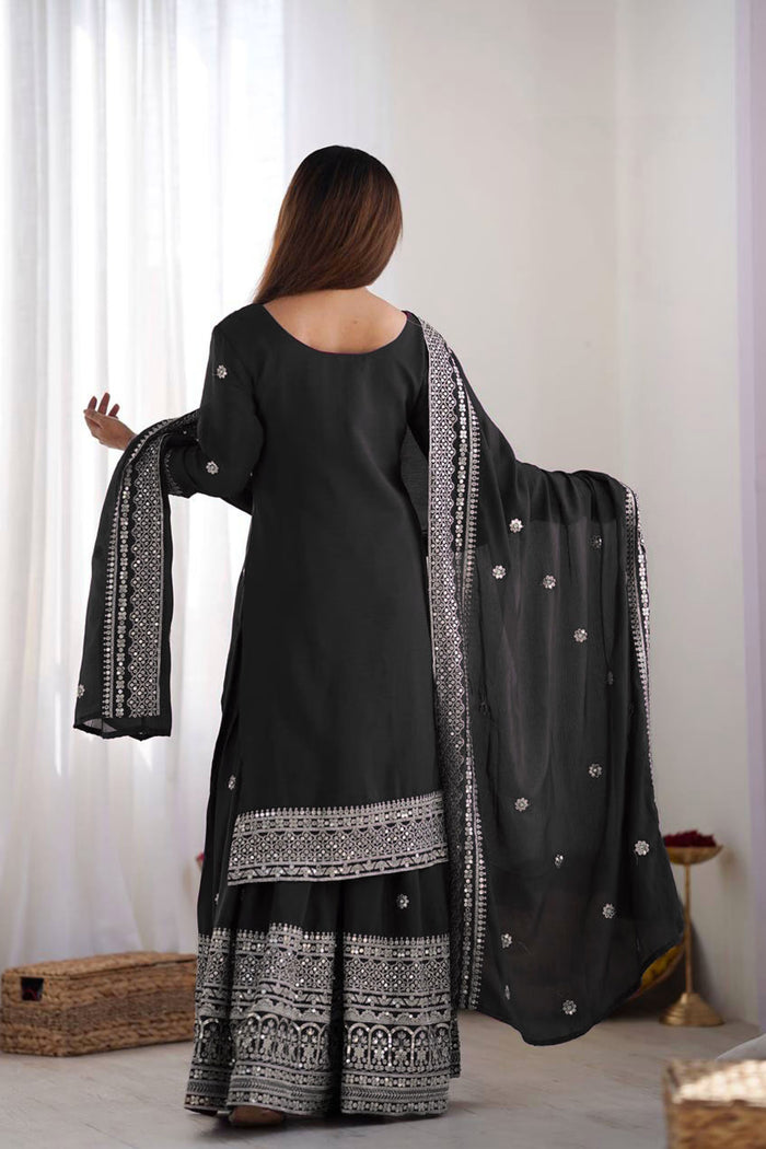 Black Floral Embroidered Silk Sharara Set