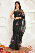 <img> Black Floral Hand Painted Organza Saree