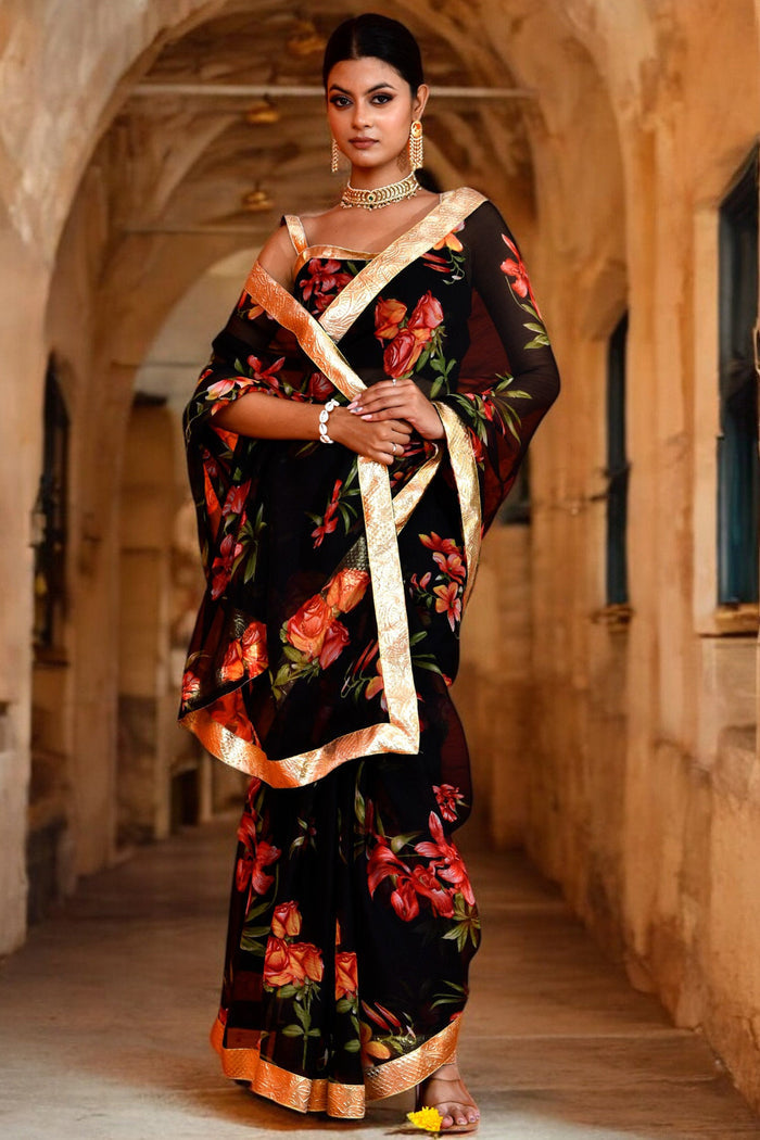<img> Black Floral Printed Chiffon Saree