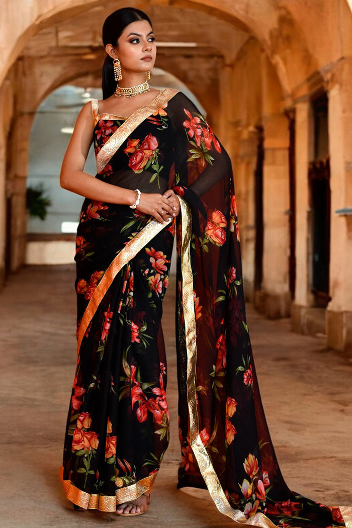 <img> Black Floral Printed Chiffon Saree