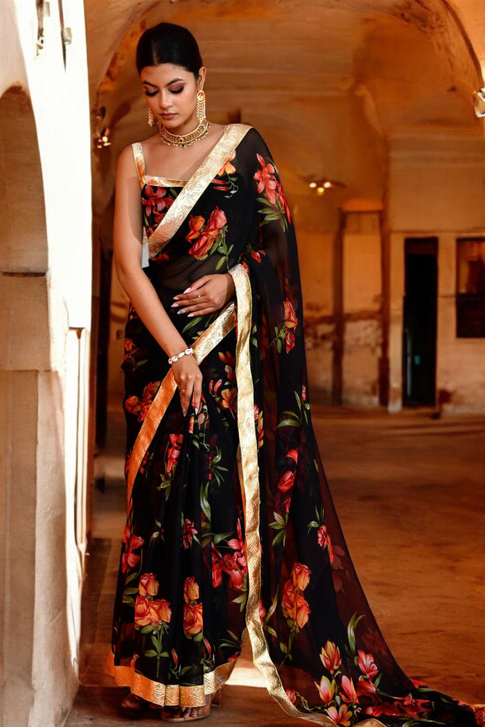 <img> Black Floral Printed Chiffon Saree