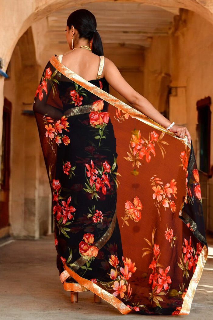 <img> Black Floral Printed Chiffon Saree