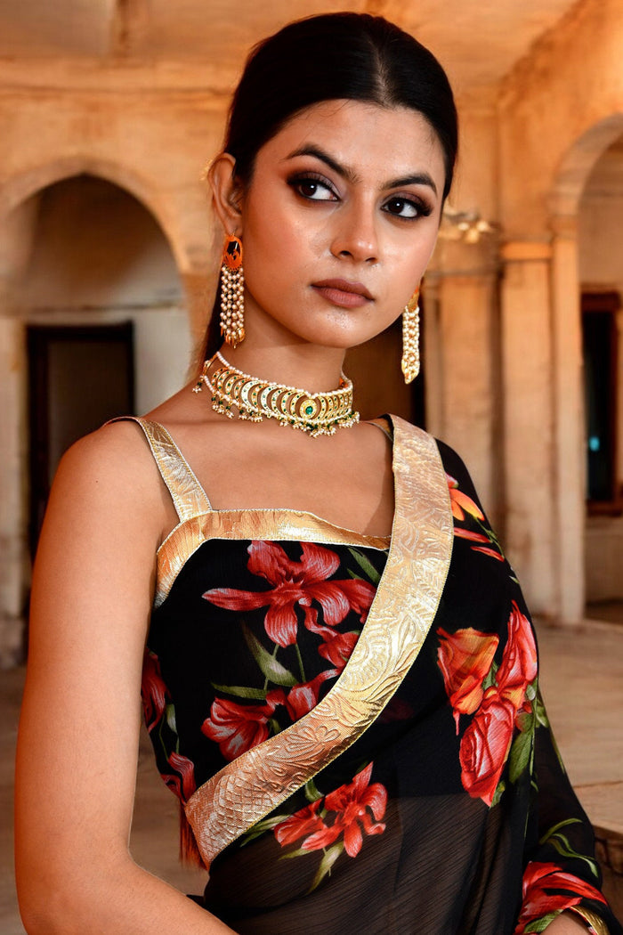 <img> Black Floral Printed Chiffon Saree