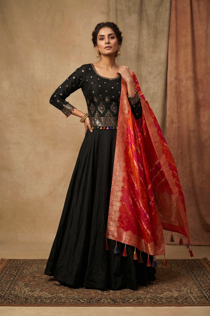 Black Georgette Embroidered Lehenga Set