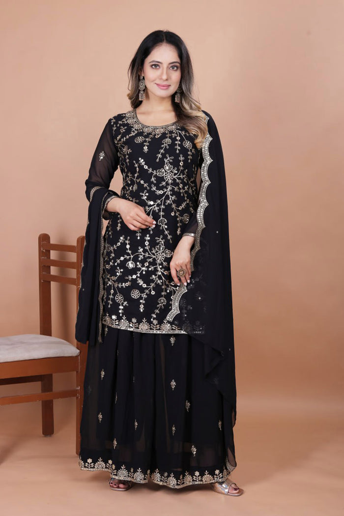 Black Georgette Embroidered Sharara Set