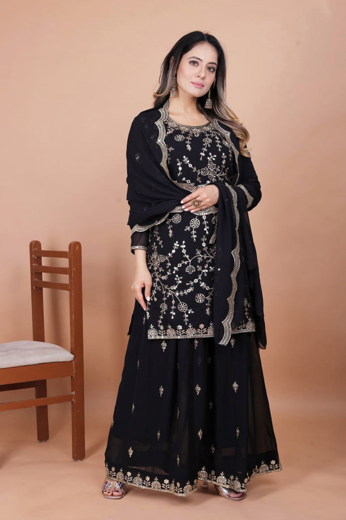 Black Georgette Embroidered Sharara Set