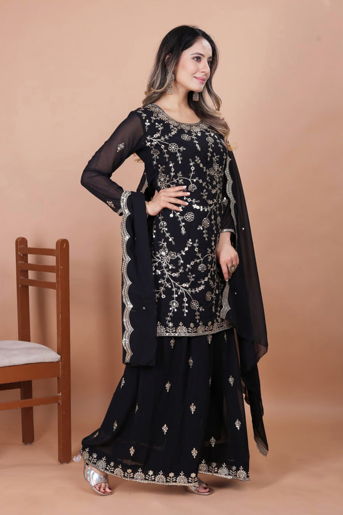 Black Georgette Embroidered Sharara Set