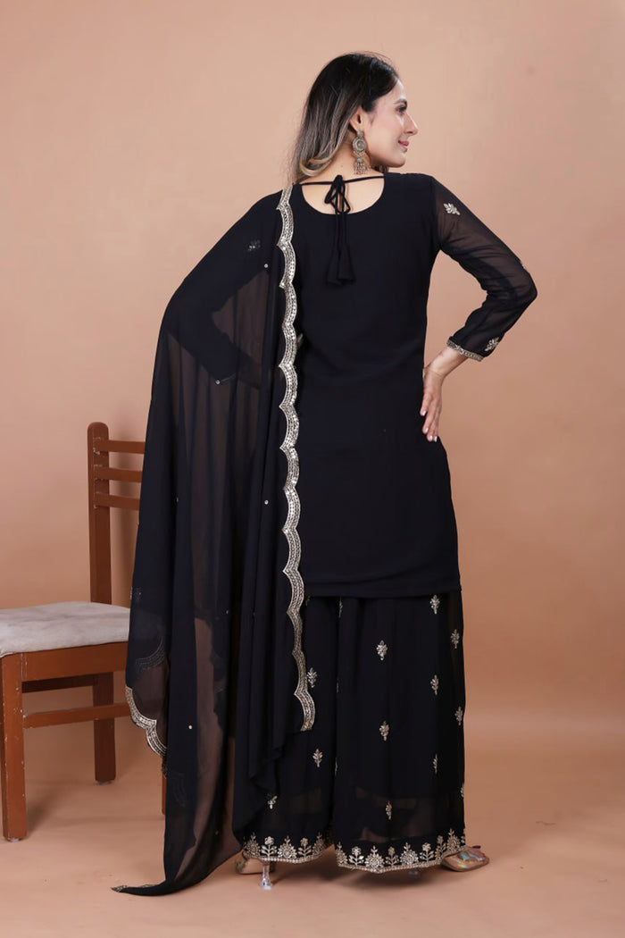 Black Georgette Embroidered Sharara Set