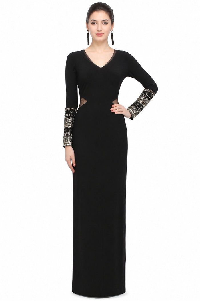 Black Georgette Fitted Prom Dress With Beaded Cuffs And Waist Cutouts