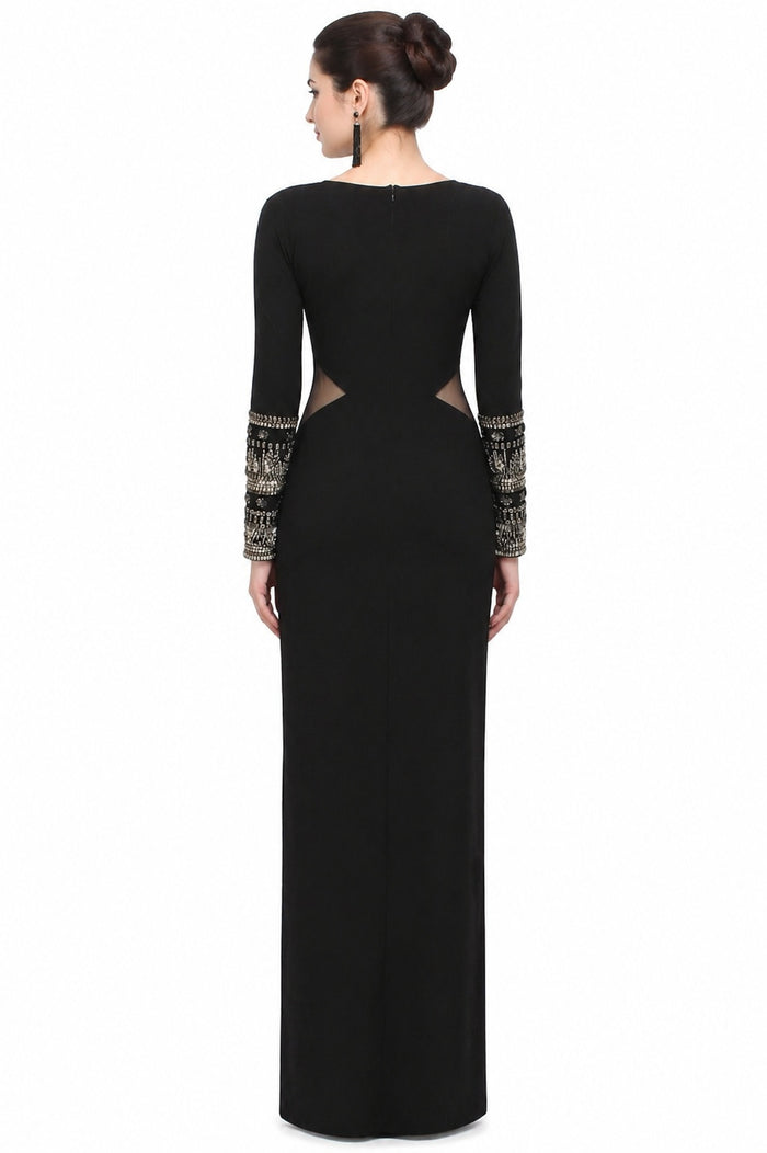 Black Georgette Fitted Prom Dress With Beaded Cuffs And Waist Cutouts