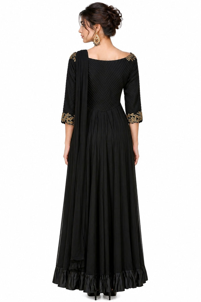 Black Georgette Gown With Off-Shoulder Gold Embroidered Neckline