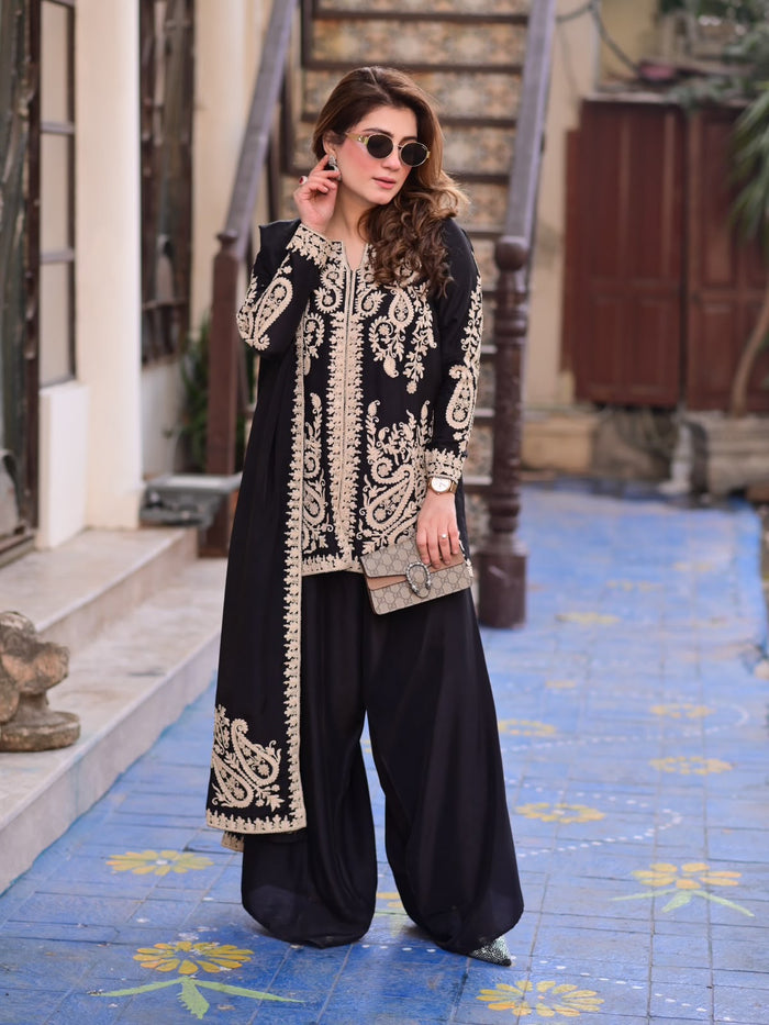 Black Georgette Kurti With Paisley Embroidery