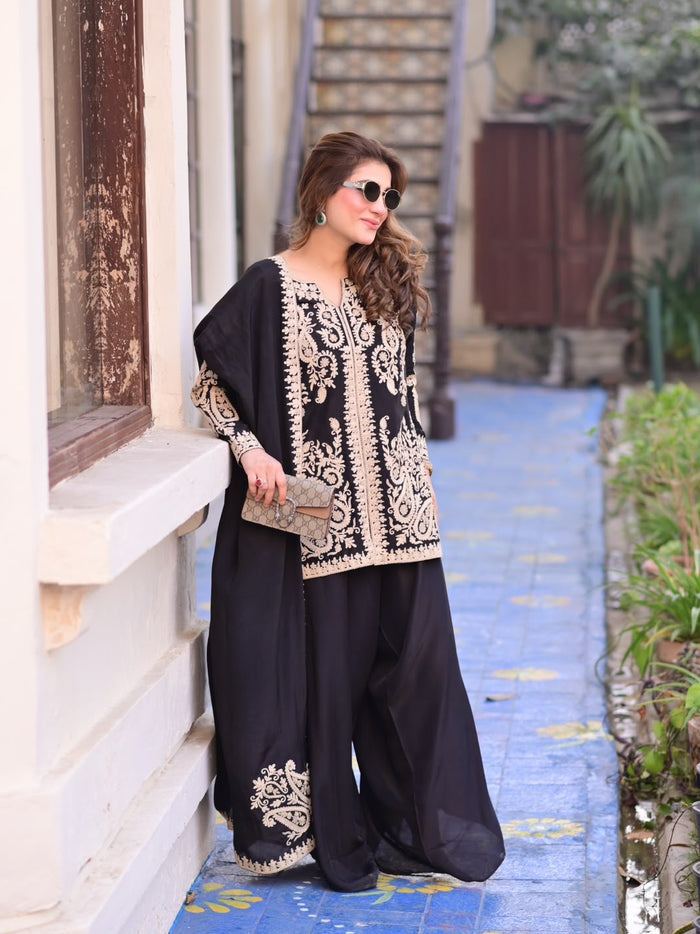 Black Georgette Kurti With Paisley Embroidery