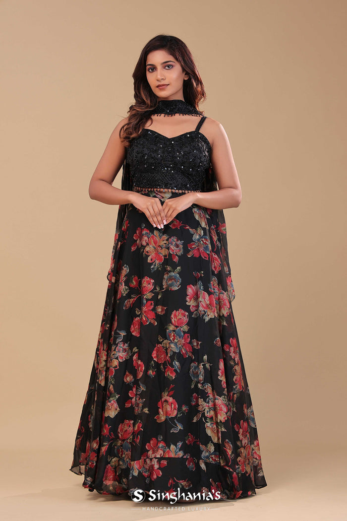 <img> Black Georgette Lehenga Set With Sequins And Beads Work