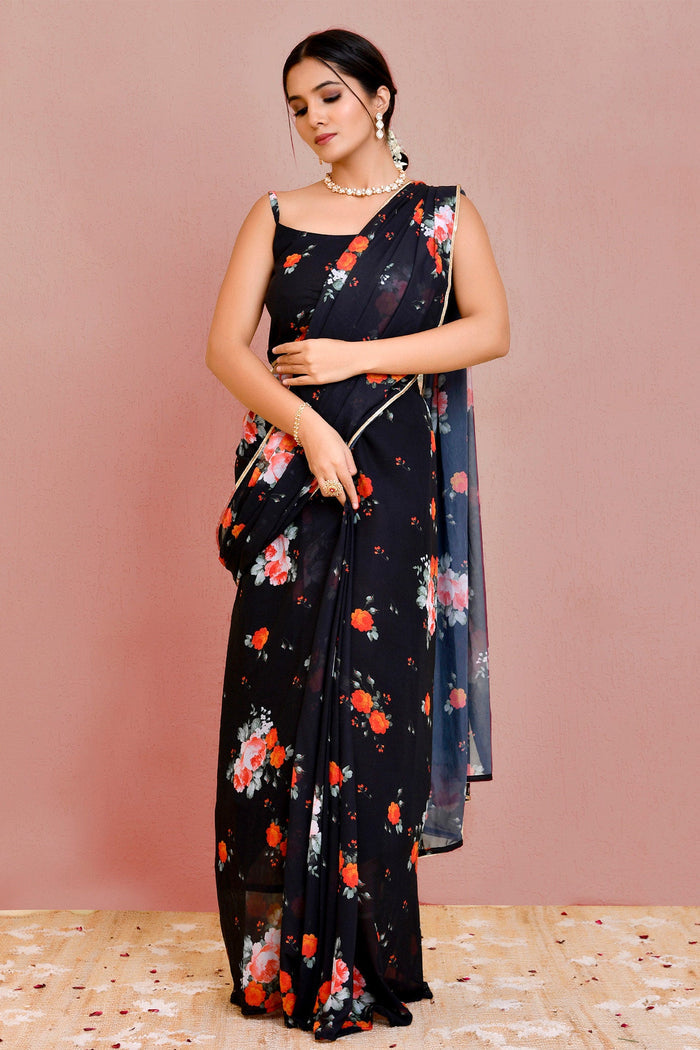 <img> black georgette ready made saree with floral prints