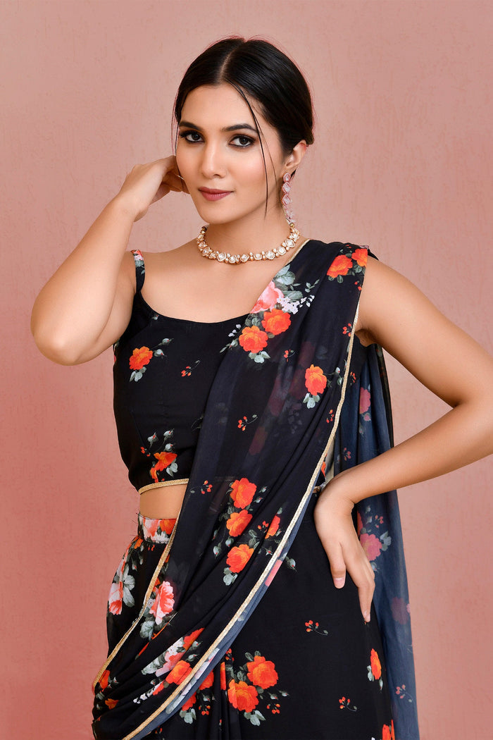 <img> black georgette ready made saree with floral prints