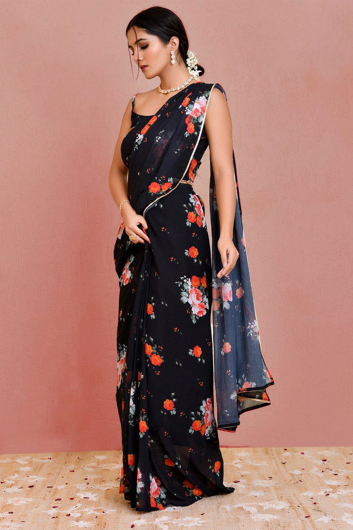 <img> black georgette ready made saree with floral prints