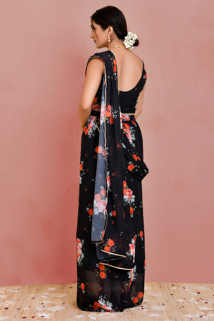 <img> black georgette ready made saree with floral prints