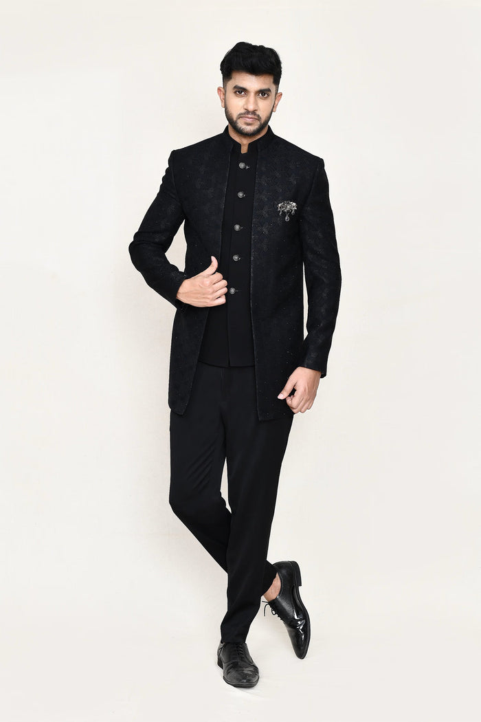 Black Jacquard Sherwani Set