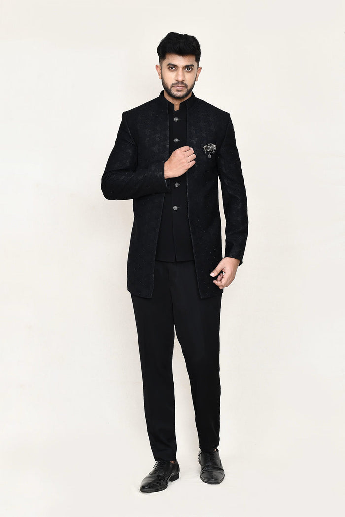 Black Jacquard Sherwani Set