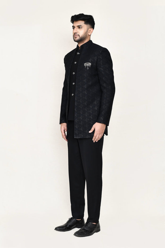 Black Jacquard Sherwani Set