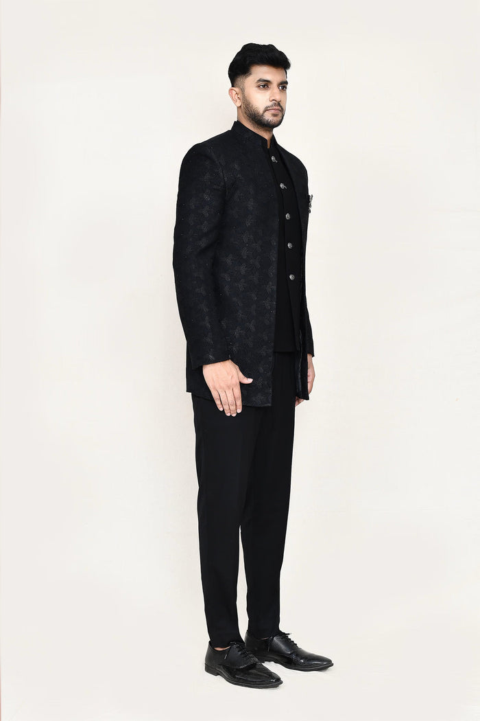 Black Jacquard Sherwani Set