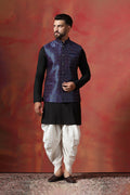 Black Jacquard Solid Kurta Set With Indigo Nehru Jacket