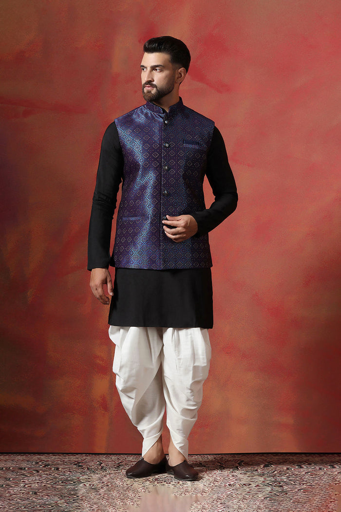 Black Jacquard Solid Kurta Set With Indigo Nehru Jacket