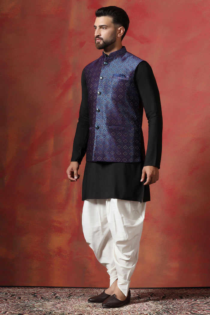 Black Jacquard Solid Kurta Set With Indigo Nehru Jacket