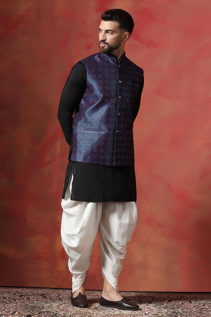 Black Jacquard Solid Kurta Set With Indigo Nehru Jacket