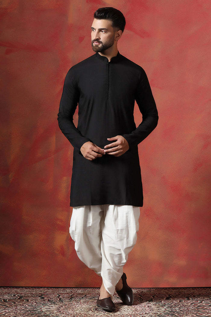 Black Jacquard Solid Kurta Set With Indigo Nehru Jacket