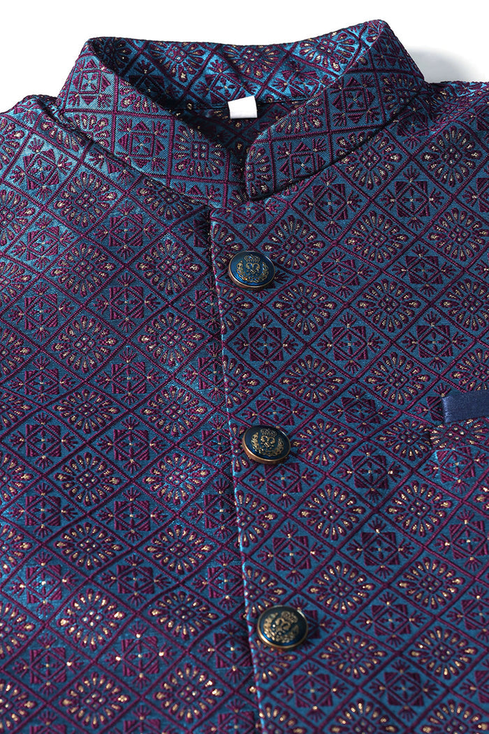 Black Jacquard Solid Kurta Set With Indigo Nehru Jacket