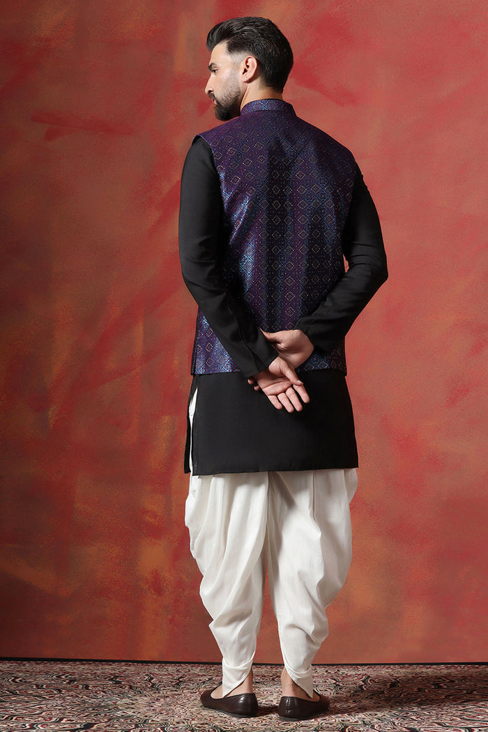 Black Jacquard Solid Kurta Set With Indigo Nehru Jacket