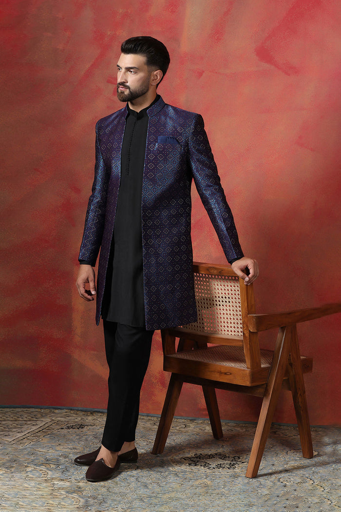 Black Jacquard Solid Sherwani Set