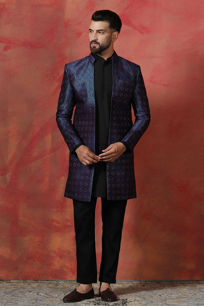 Black Jacquard Solid Sherwani Set