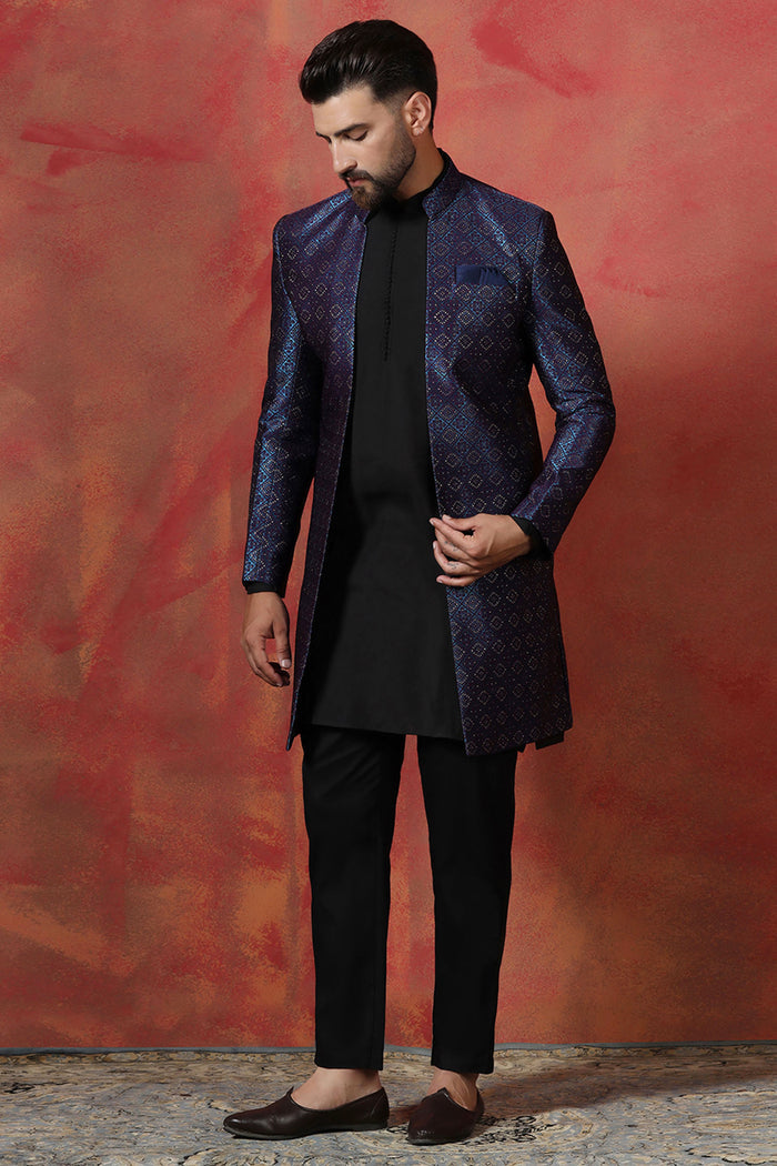 Black Jacquard Solid Sherwani Set