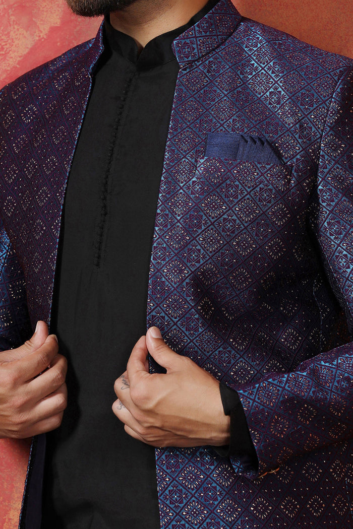 Black Jacquard Solid Sherwani Set