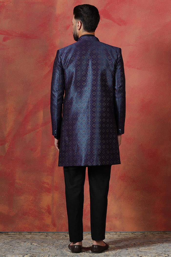 Black Jacquard Solid Sherwani Set