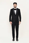 Black Jacquard Three Piece Suit Set With Bow