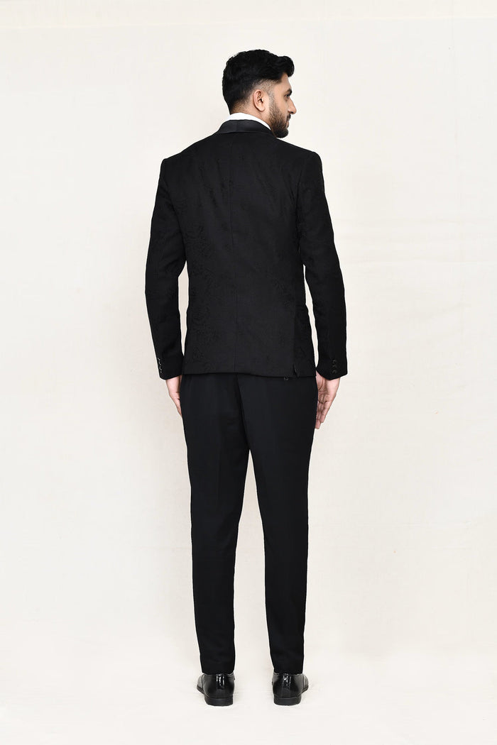 Black Jacquard Three Piece Suit Set With Bow