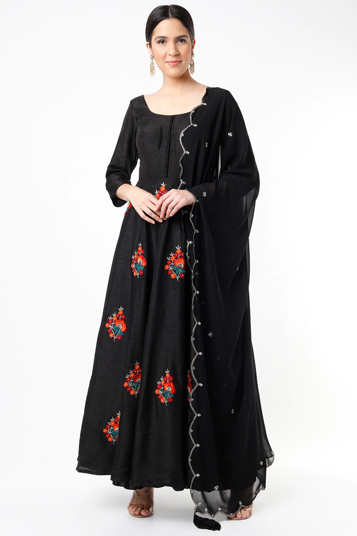Black Multicolor Floral Embroidered Anarkali Set